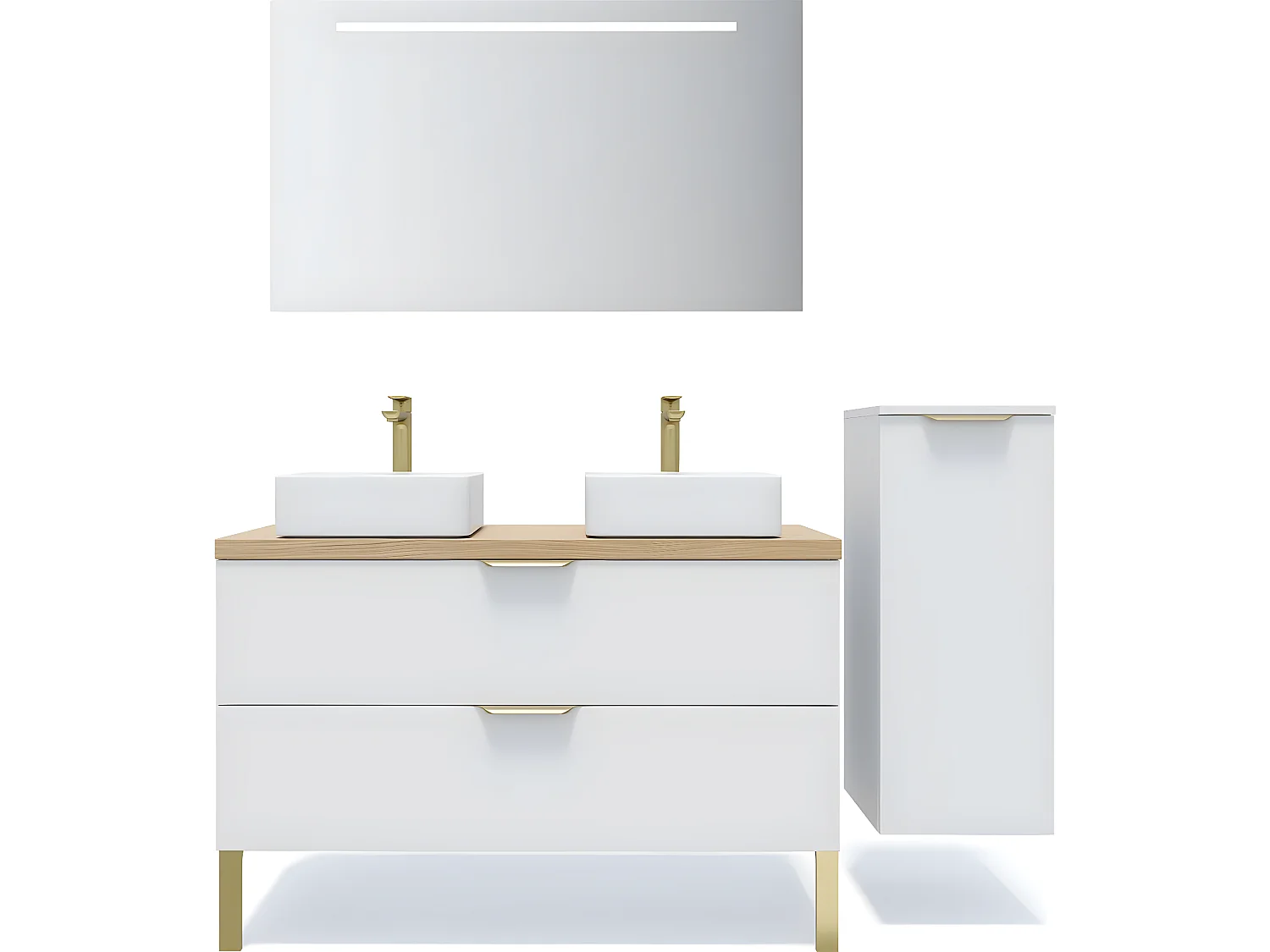 Meuble de salle de bain suspendu 2 vasques à poser 120cm 2 tiroirs Blanc + miroir + colonne ouverture droite - Venice