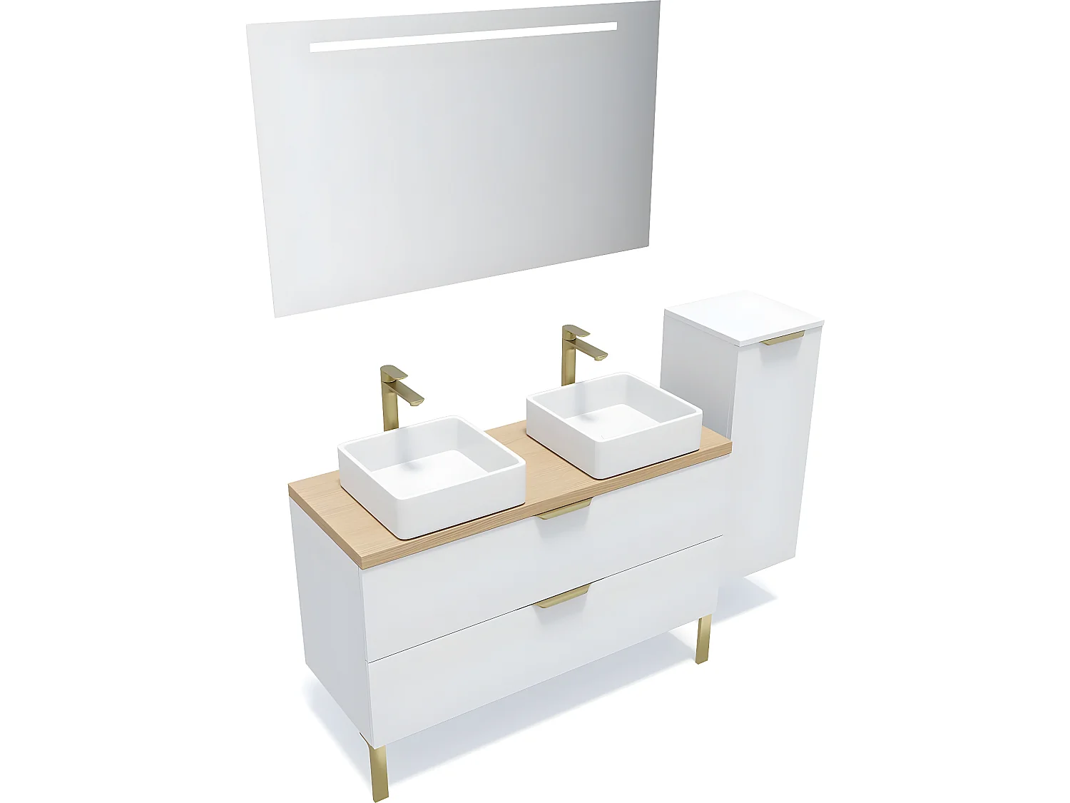 Meuble de salle de bain suspendu 2 vasques à poser 120cm 2 tiroirs Blanc + miroir + colonne ouverture droite - Venice