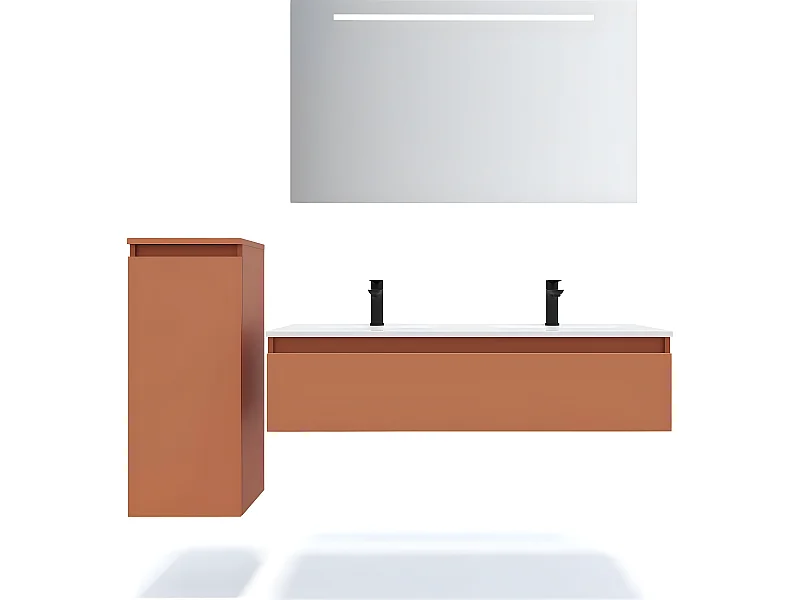 Meuble de salle de bain suspendu double vasque intégrée 120cm 1 tiroir Terracotta + miroir + colonne ouverture gauche - Hudson