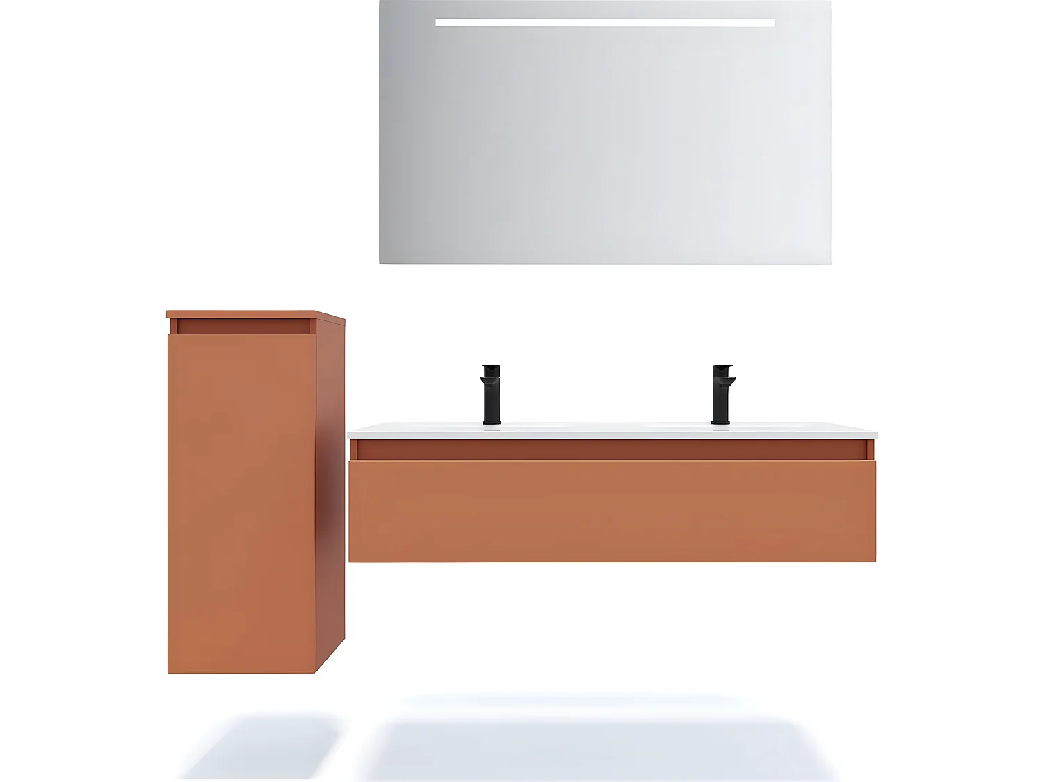 Meuble de salle de bain suspendu double vasque intégrée 120cm 1 tiroir Terracotta + miroir + colonne ouverture gauche - Hudson