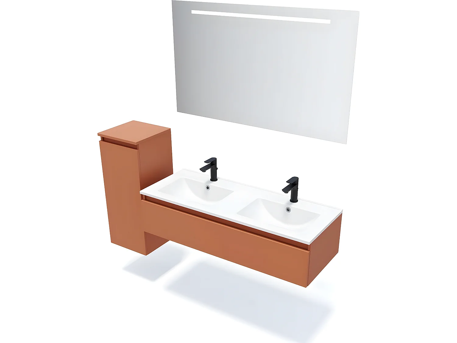 Meuble de salle de bain suspendu double vasque intégrée 120cm 1 tiroir Terracotta + miroir + colonne ouverture gauche - Hudson