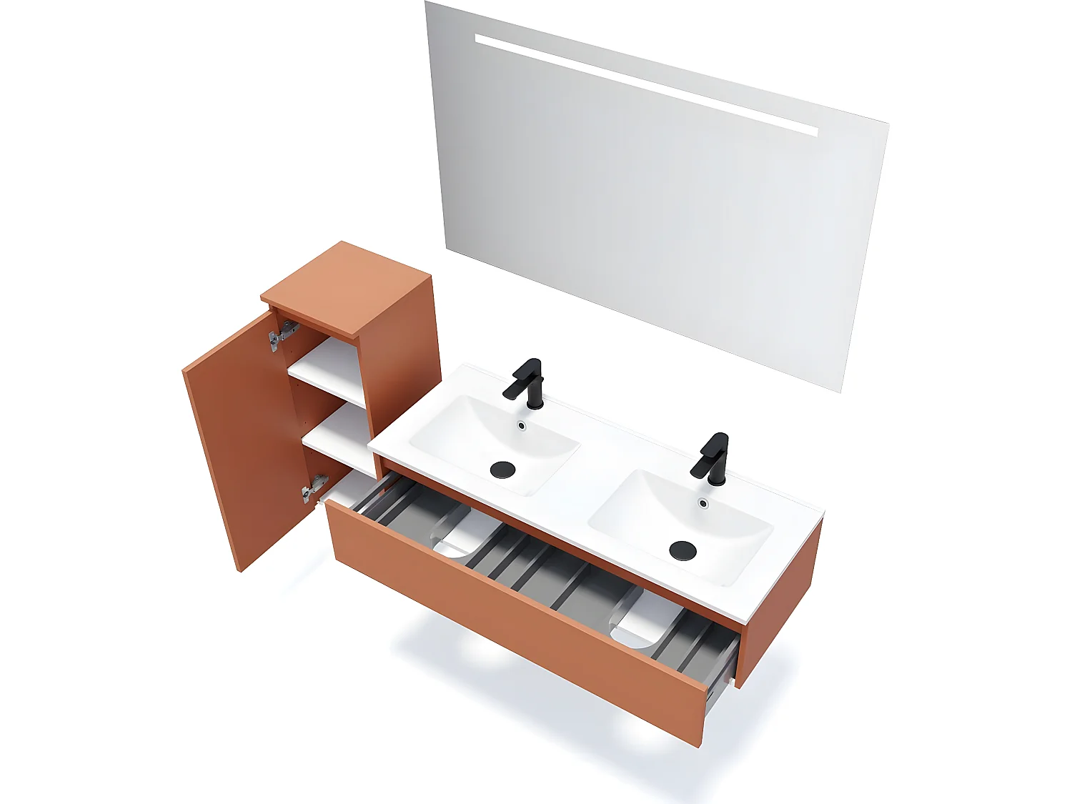 Meuble de salle de bain suspendu double vasque intégrée 120cm 1 tiroir Terracotta + miroir + colonne ouverture gauche - Hudson