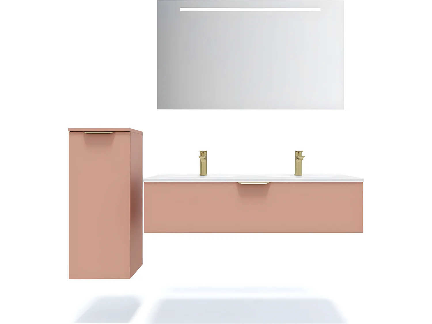 Meuble de salle de bain suspendu double vasque intégrée 120cm 1 tiroir Abricot + miroir + colonne ouverture gauche - Venice