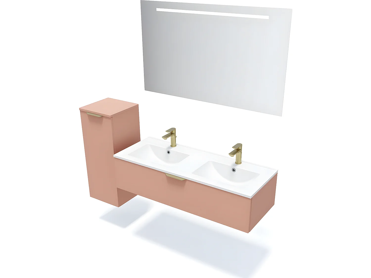 Meuble de salle de bain suspendu double vasque intégrée 120cm 1 tiroir Abricot + miroir + colonne ouverture gauche - Venice