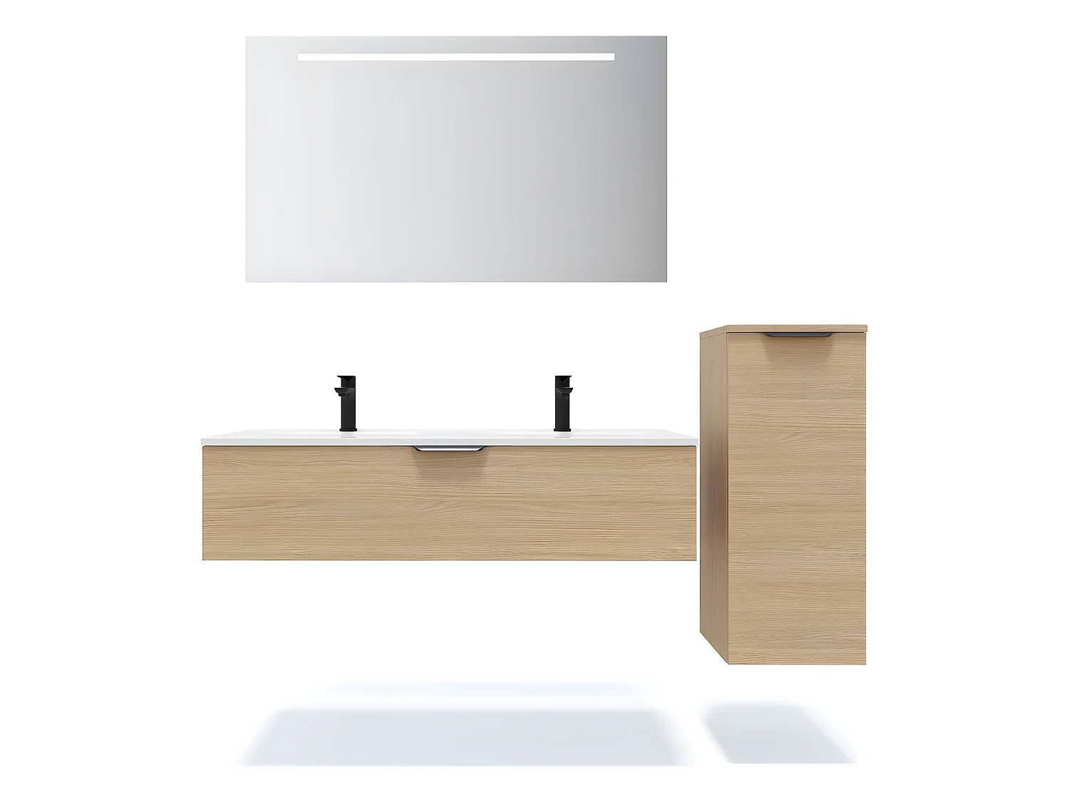 Meuble de salle de bain suspendu double vasque intégrée 120cm 1 tiroir Chêne clair + miroir + colonne ouverture droite - Venice