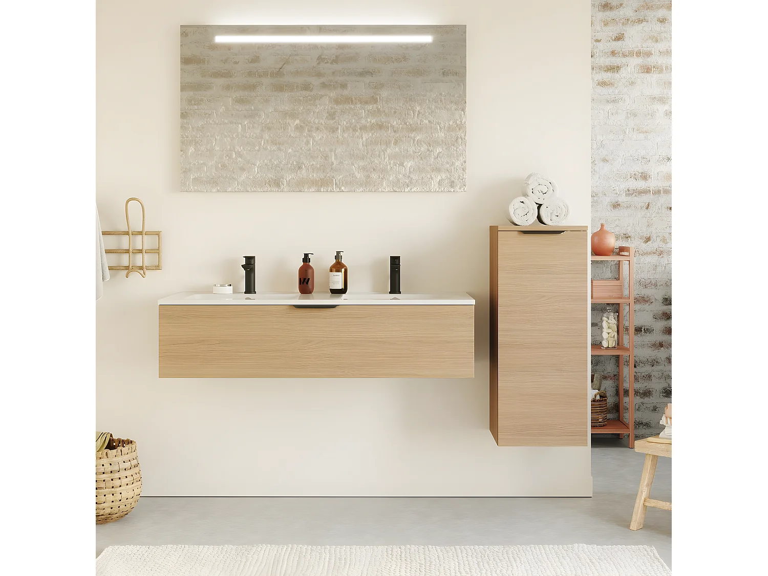 Meuble de salle de bain suspendu double vasque intégrée 120cm 1 tiroir Chêne clair + miroir + colonne ouverture droite - Venice