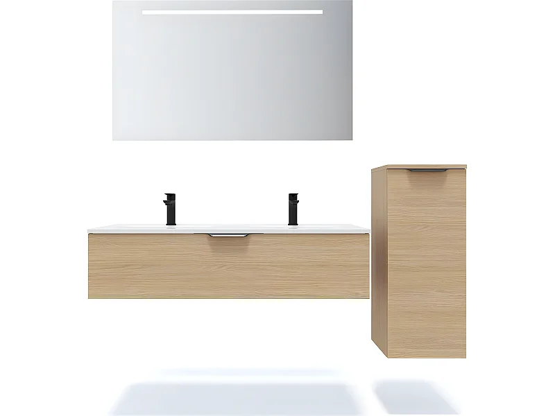 Meuble de salle de bain suspendu double vasque intégrée 120cm 1 tiroir Chêne clair + miroir + colonne ouverture droite - Venice