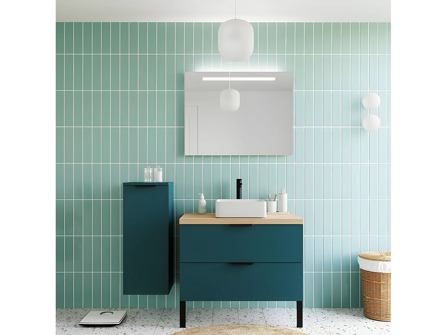 Meuble de salle de bain suspendu vasque à poser 90cm 2 tiroirs Bleu + miroir + colonne ouverture gauche - Soho