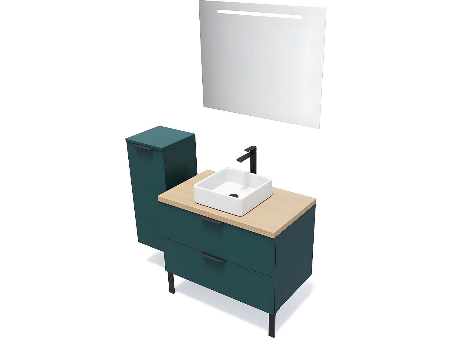 Meuble de salle de bain suspendu vasque à poser 90cm 2 tiroirs Bleu + miroir + colonne ouverture gauche - Soho