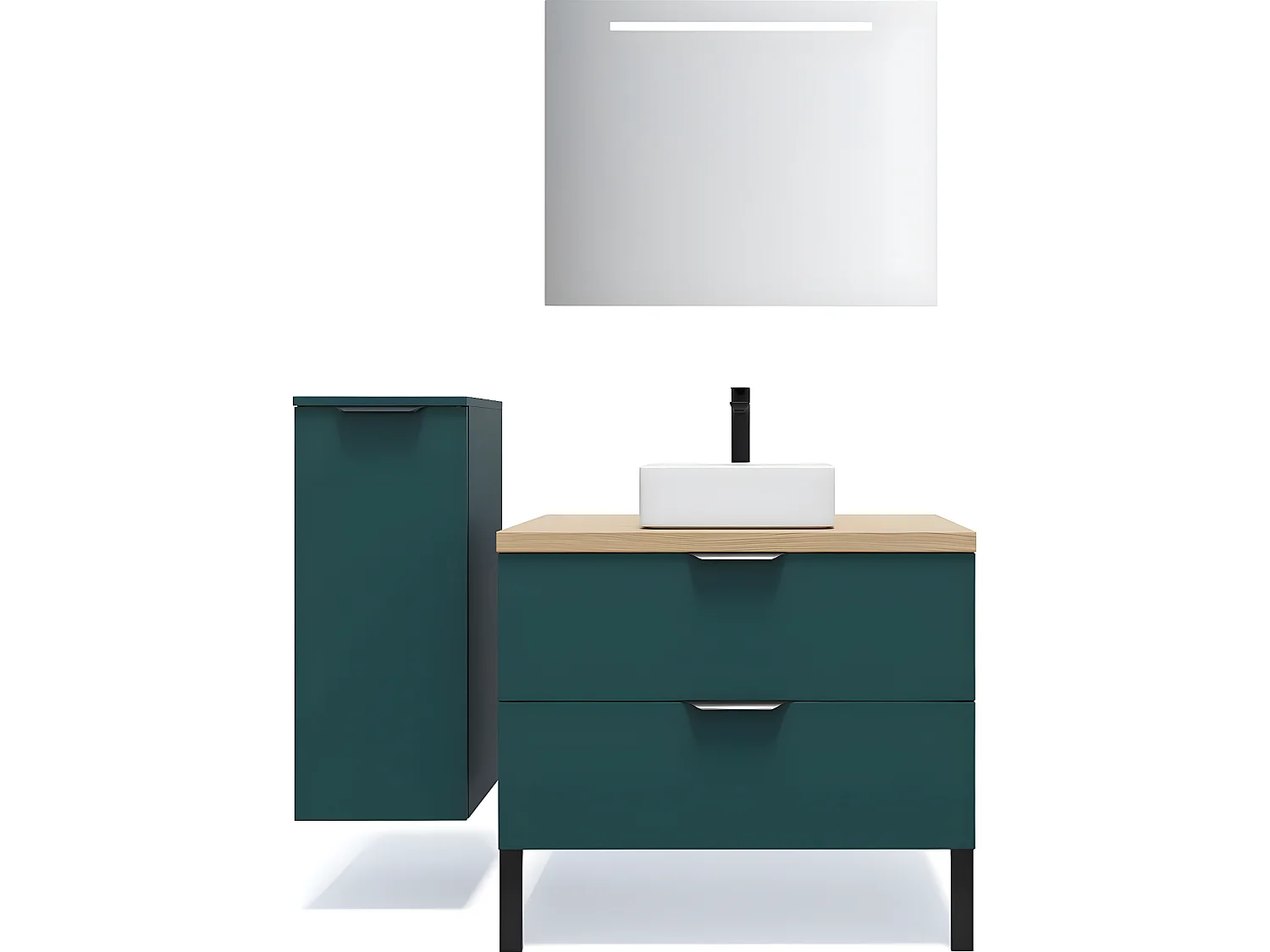 Meuble de salle de bain suspendu vasque à poser 90cm 2 tiroirs Bleu + miroir + colonne ouverture gauche - Soho