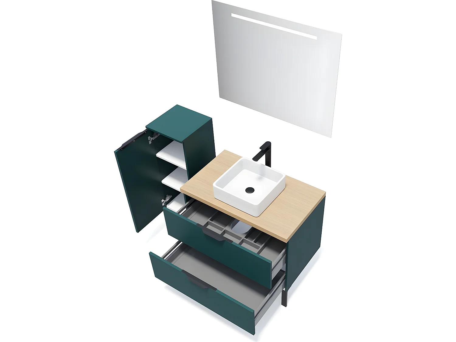 Meuble de salle de bain suspendu vasque à poser 90cm 2 tiroirs Bleu + miroir + colonne ouverture gauche - Soho