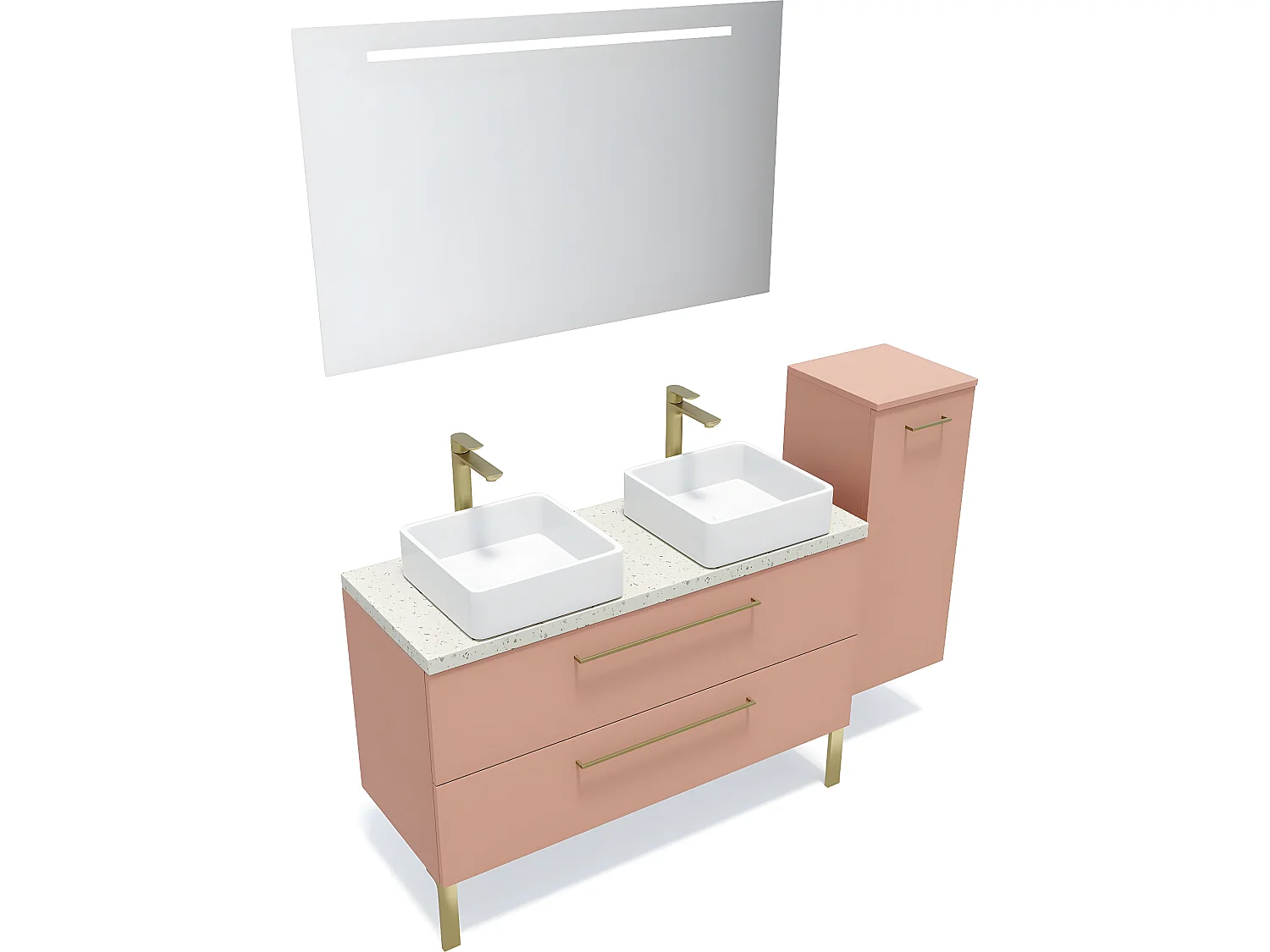 Meuble de salle de bain suspendu 2 vasques à poser 120cm 2 tiroirs Abricot + miroir + colonne ouverture droite - Glasgow