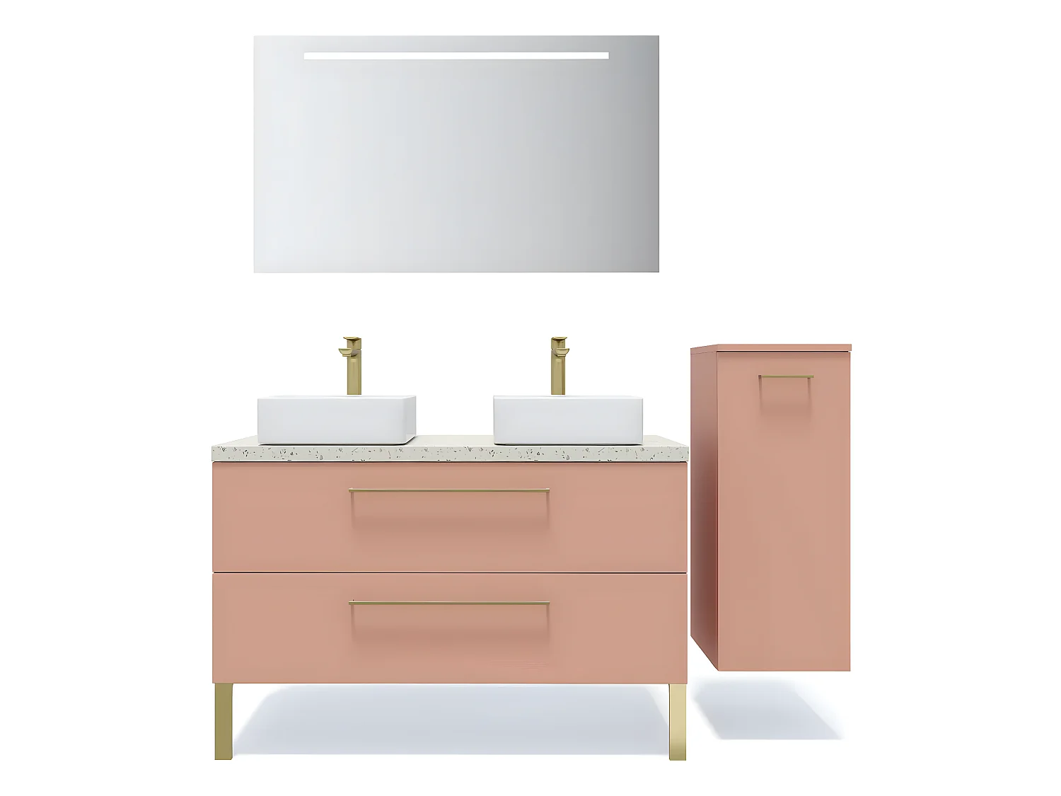 Meuble de salle de bain suspendu 2 vasques à poser 120cm 2 tiroirs Abricot + miroir + colonne ouverture droite - Glasgow