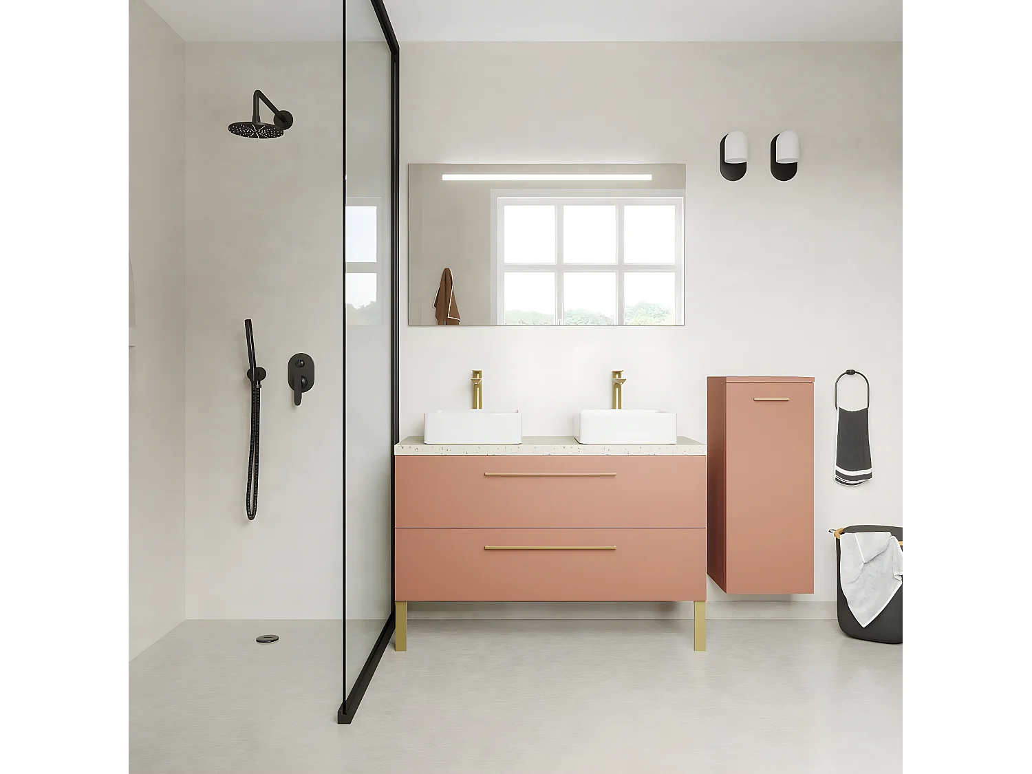 Meuble de salle de bain suspendu 2 vasques à poser 120cm 2 tiroirs Abricot + miroir + colonne ouverture droite - Glasgow