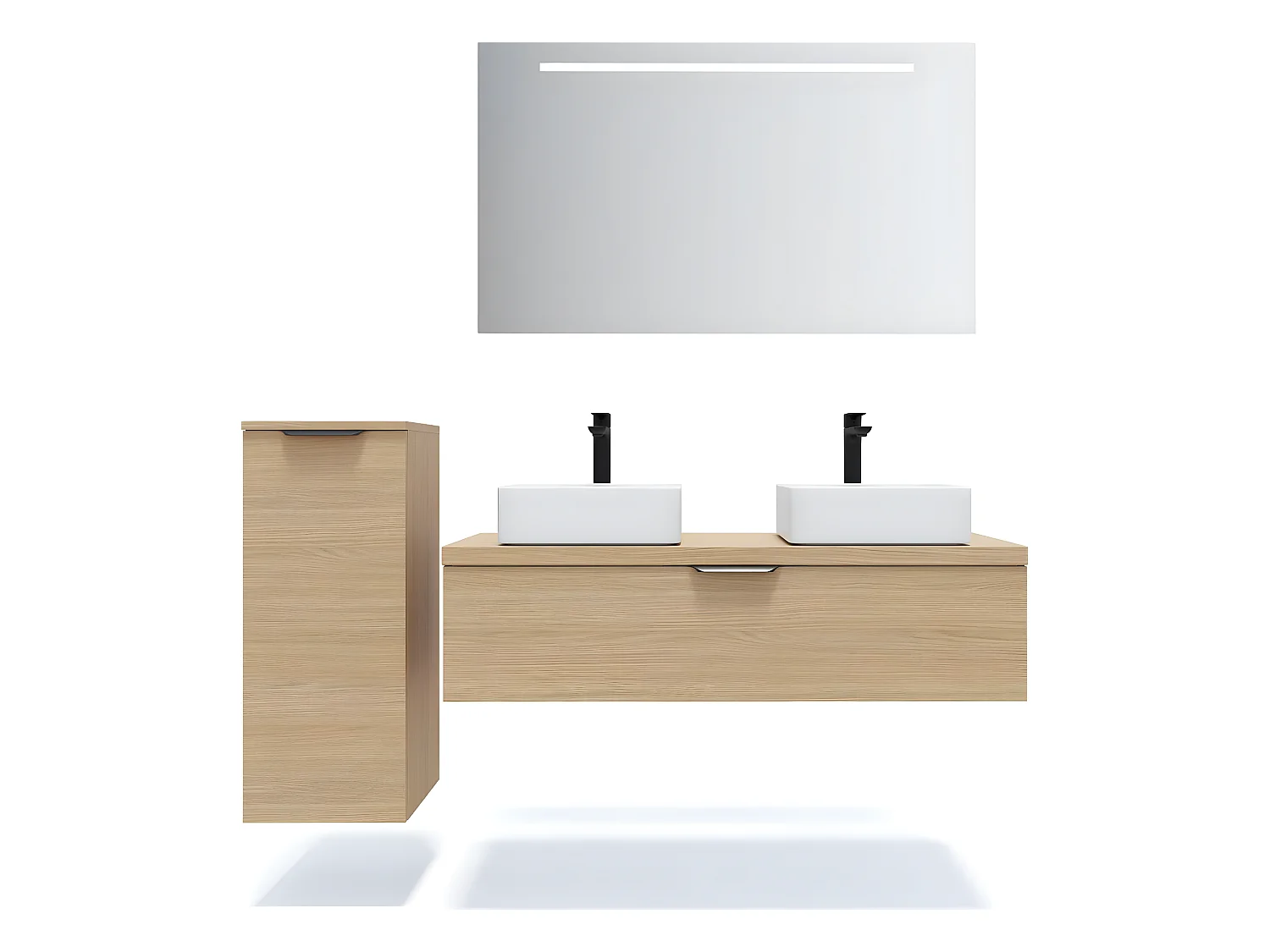 Meuble de salle de bain suspendu 2 vasques à poser 120cm 1 tiroir Chêne clair + miroir + colonne ouverture gauche - Venice