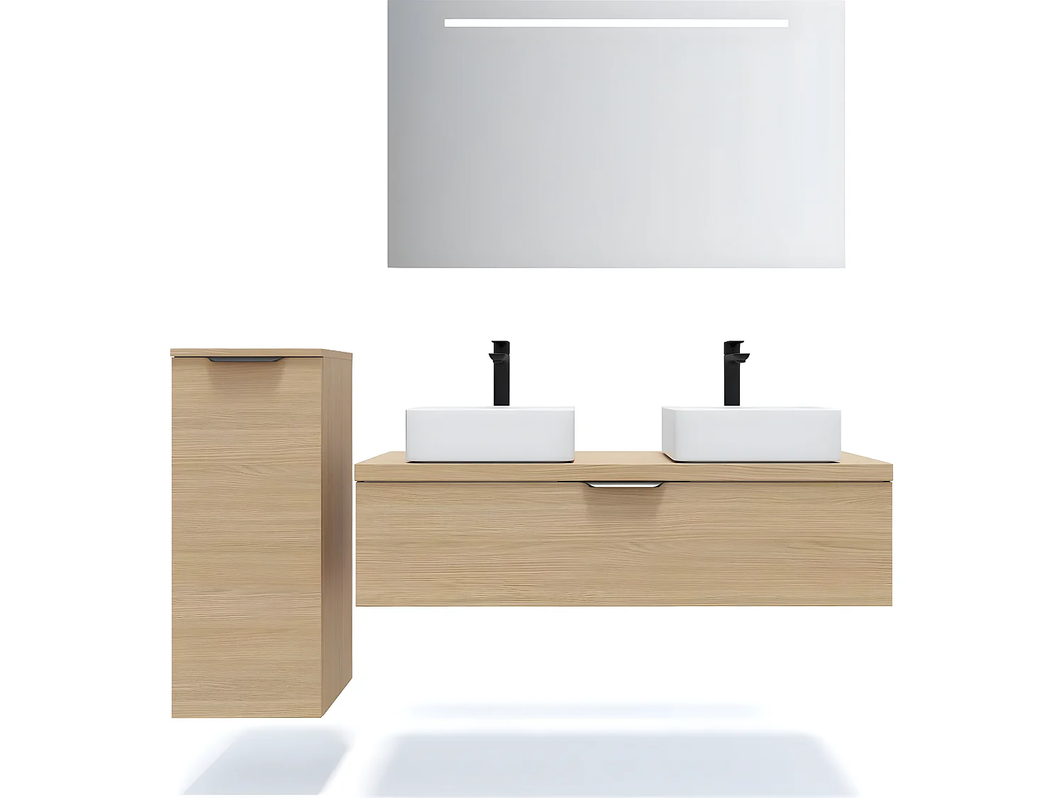 Meuble de salle de bain suspendu 2 vasques à poser 120cm 1 tiroir Chêne clair + miroir + colonne ouverture gauche - Venice