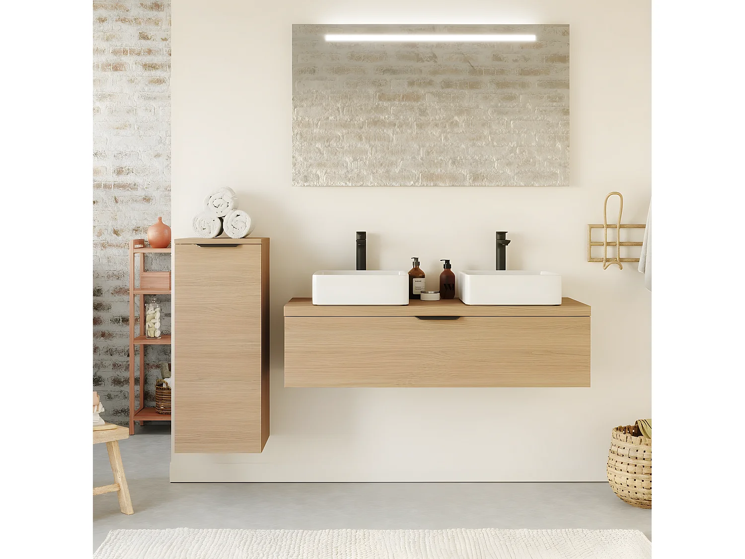 Meuble de salle de bain suspendu 2 vasques à poser 120cm 1 tiroir Chêne clair + miroir + colonne ouverture gauche - Venice