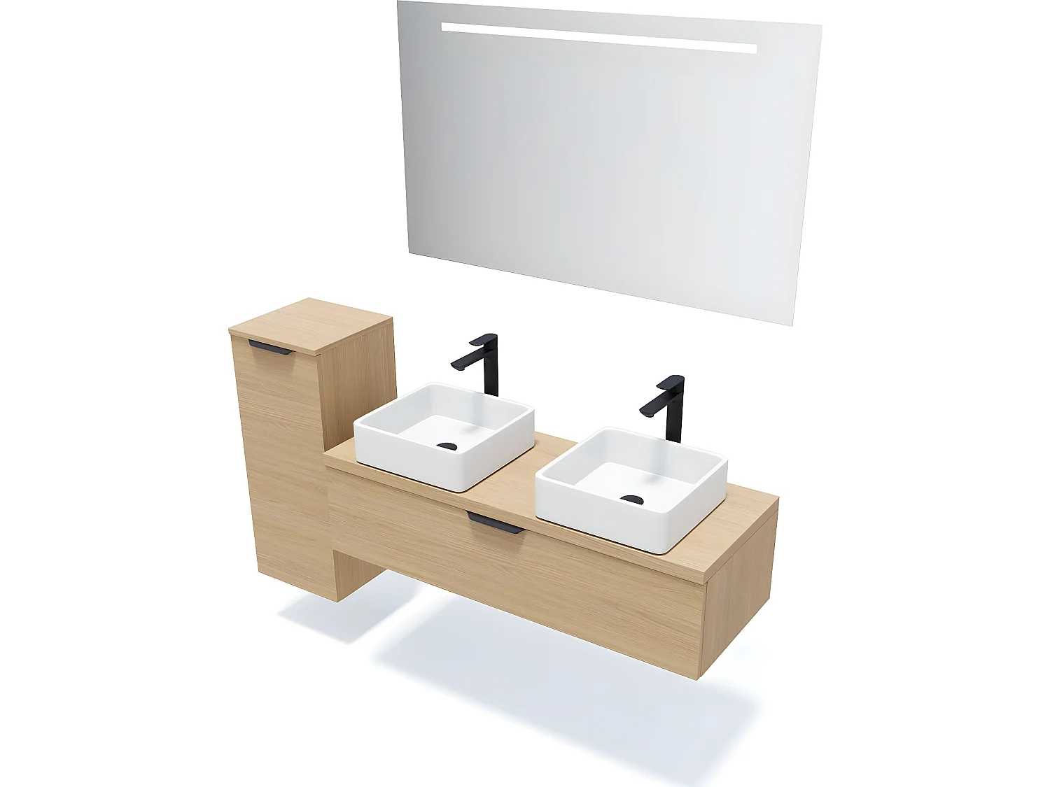 Meuble de salle de bain suspendu 2 vasques à poser 120cm 1 tiroir Chêne clair + miroir + colonne ouverture gauche - Venice