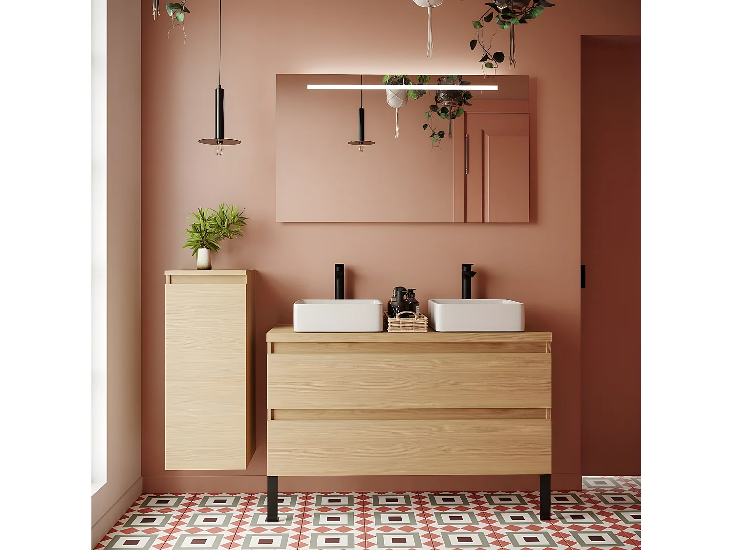 Meuble de salle de bain suspendu 2 vasques à poser 120cm 2 tiroirs Chêne clair + miroir + colonne ouverture gauche - Hudson