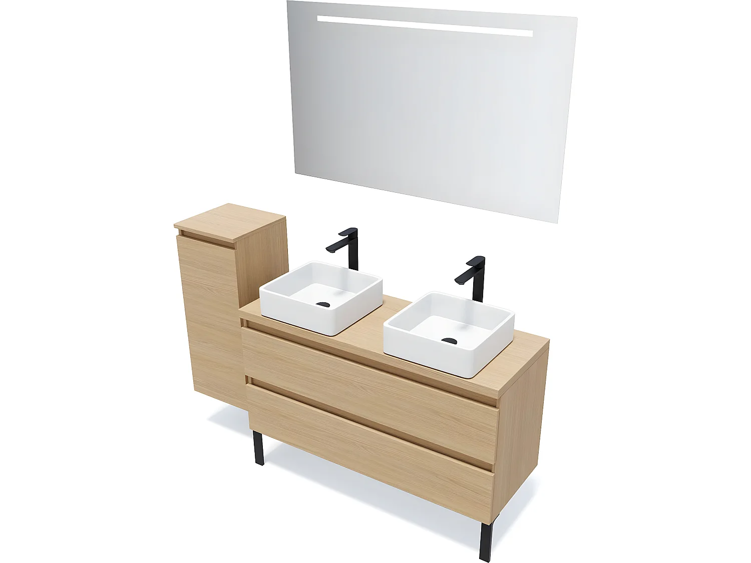 Meuble de salle de bain suspendu 2 vasques à poser 120cm 2 tiroirs Chêne clair + miroir + colonne ouverture gauche - Hudson