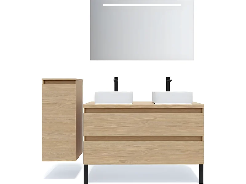 Meuble de salle de bain suspendu 2 vasques à poser 120cm 2 tiroirs Chêne clair + miroir + colonne ouverture gauche - Hudson