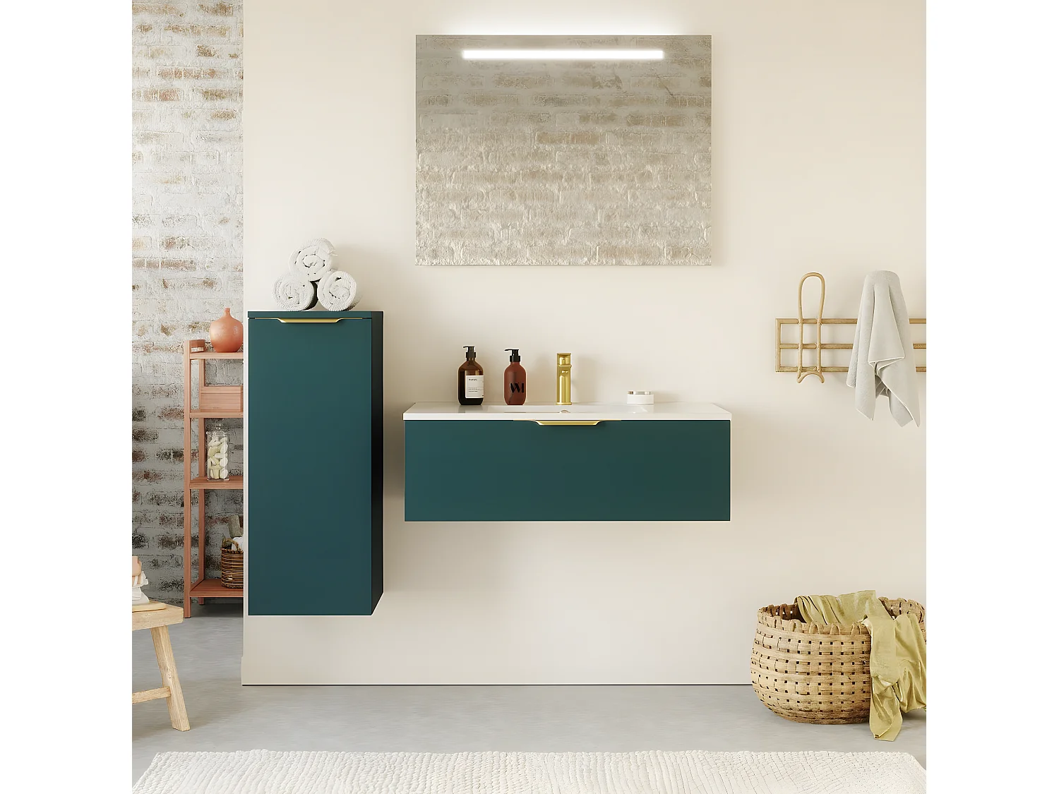 Meuble de salle de bain suspendu vasque intégrée 90cm 1 tiroir Bleu + miroir + colonne ouverture gauche - Venice