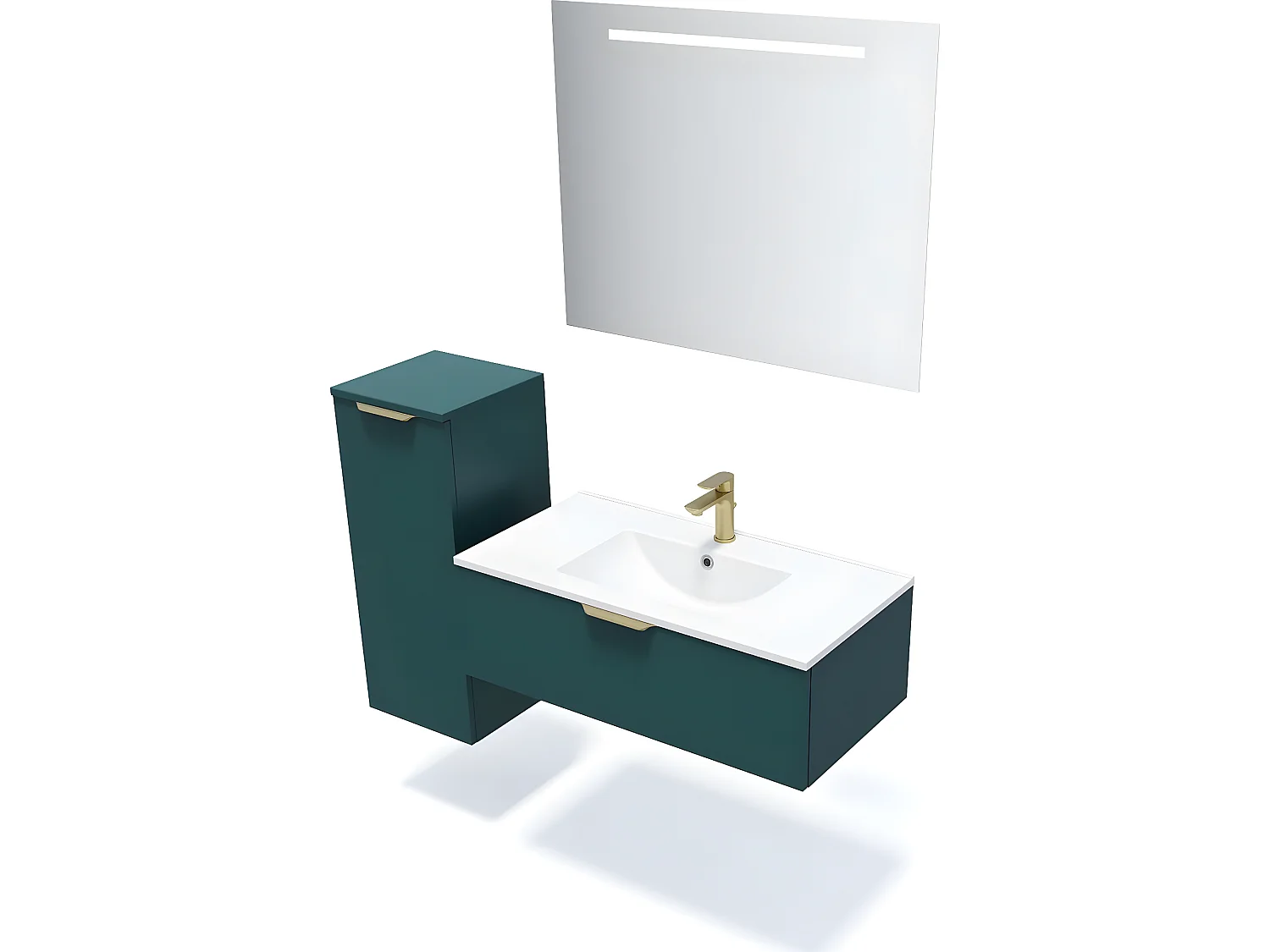 Meuble de salle de bain suspendu vasque intégrée 90cm 1 tiroir Bleu + miroir + colonne ouverture gauche - Venice