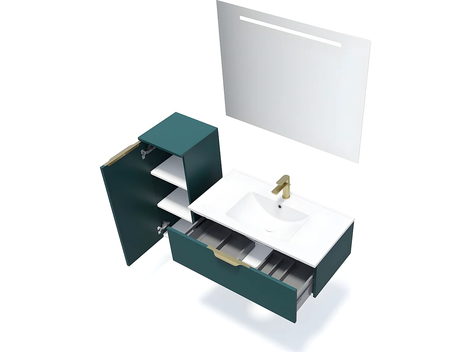 Meuble de salle de bain suspendu vasque intégrée 90cm 1 tiroir Bleu + miroir + colonne ouverture gauche - Venice