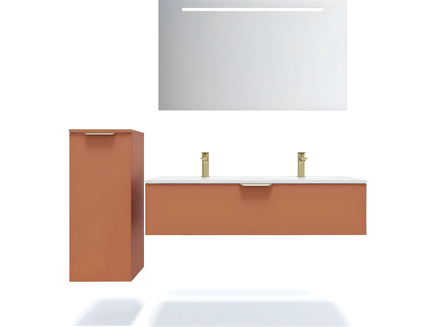 Meuble de salle de bain suspendu double vasque intégrée 120cm 1 tiroir Terracotta + miroir + colonne ouverture gauche - Venice