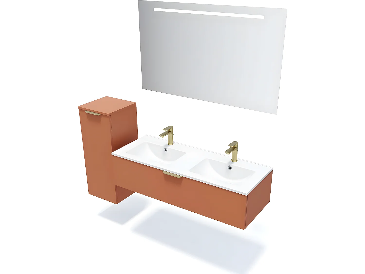 Meuble de salle de bain suspendu double vasque intégrée 120cm 1 tiroir Terracotta + miroir + colonne ouverture gauche - Venice
