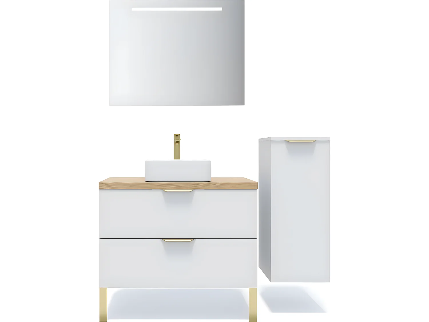 Meuble de salle de bain suspendu vasque à poser 90cm 2 tiroirs Blanc + miroir + colonne ouverture droite - Venice