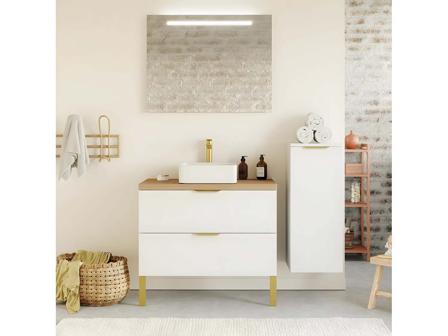 Meuble de salle de bain suspendu vasque à poser 90cm 2 tiroirs Blanc + miroir + colonne ouverture droite - Venice