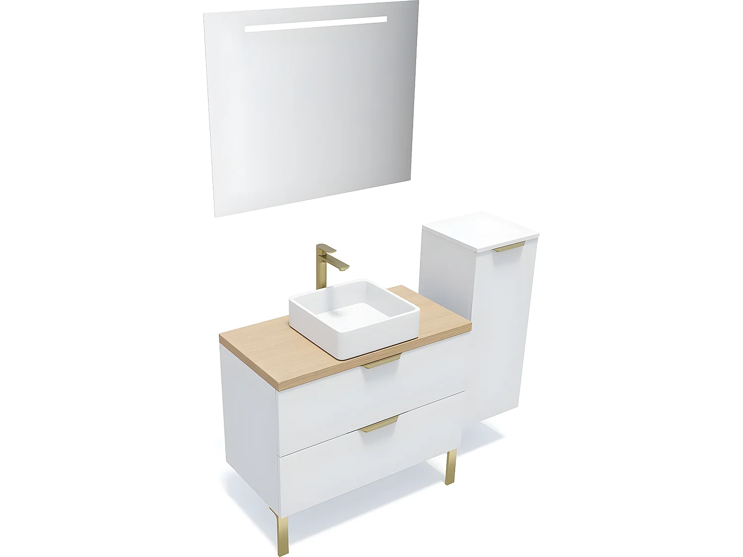 Meuble de salle de bain suspendu vasque à poser 90cm 2 tiroirs Blanc + miroir + colonne ouverture droite - Venice