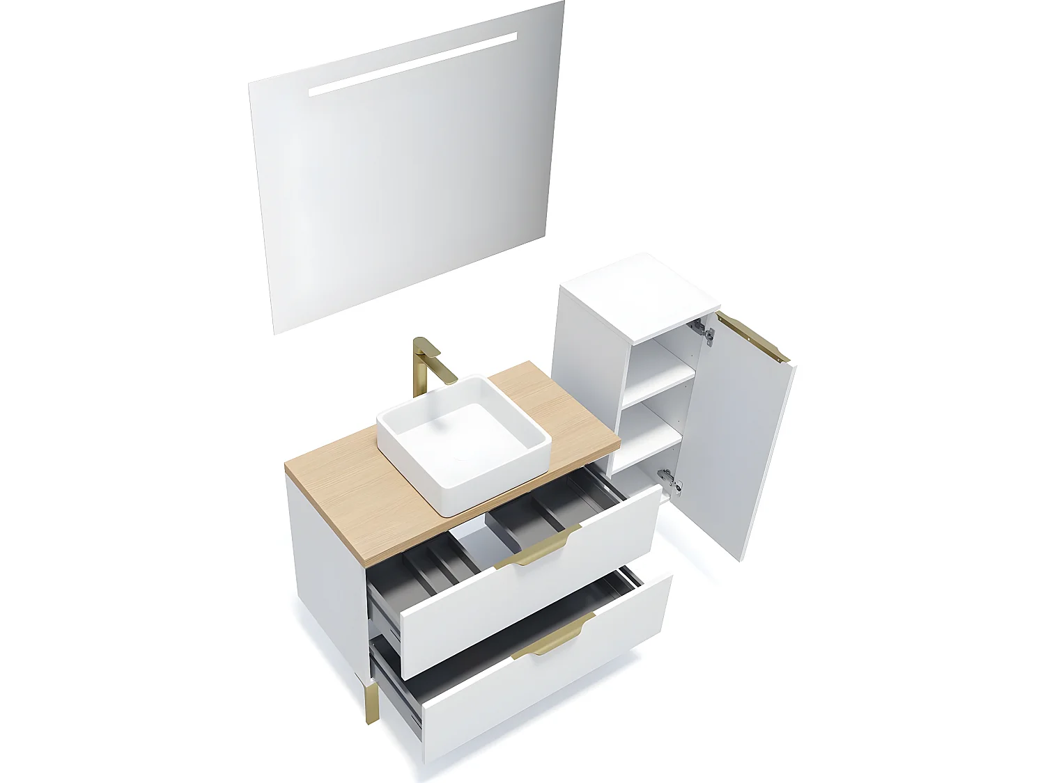 Meuble de salle de bain suspendu vasque à poser 90cm 2 tiroirs Blanc + miroir + colonne ouverture droite - Venice