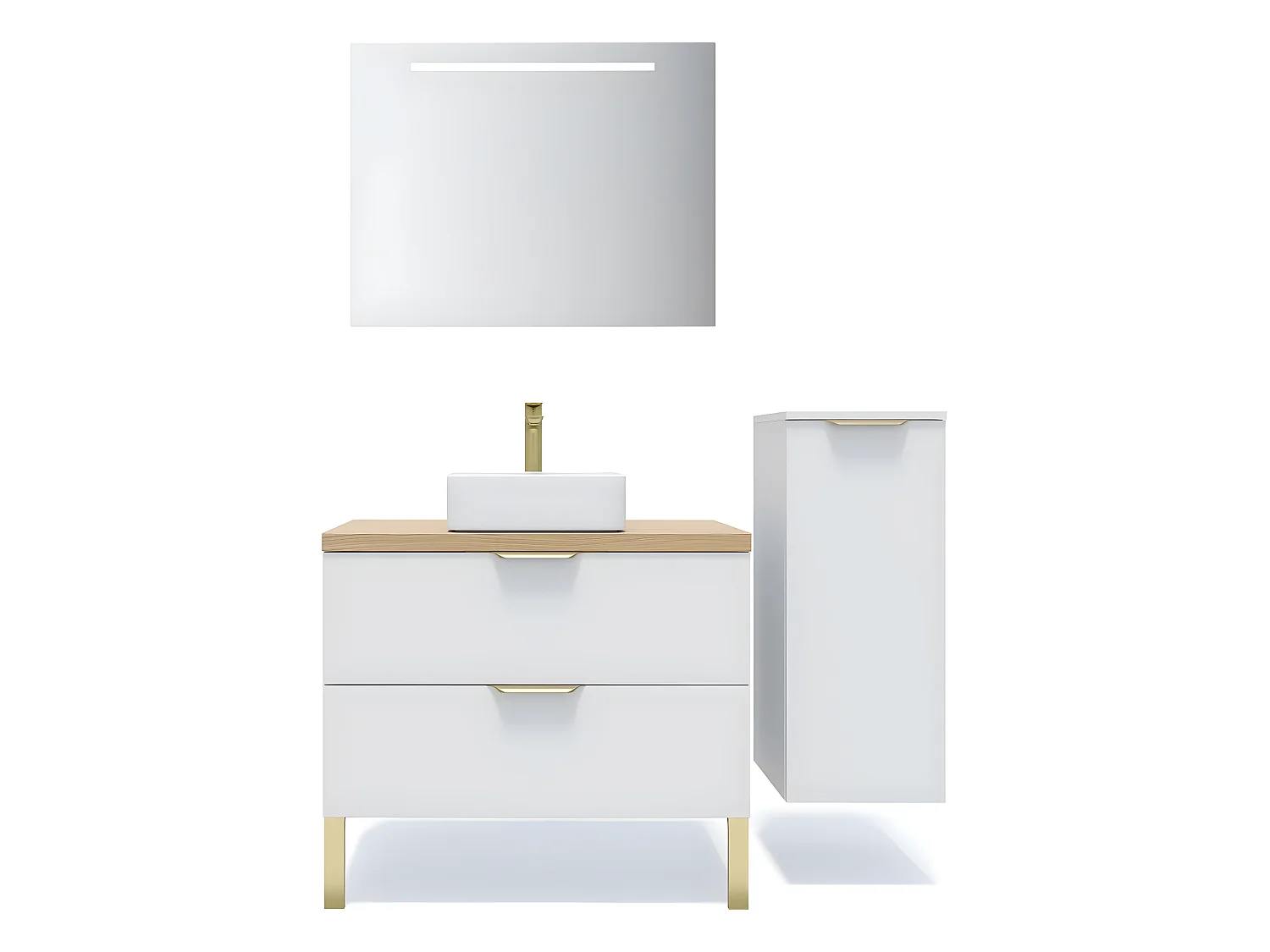 Meuble de salle de bain suspendu vasque à poser 90cm 2 tiroirs Blanc + miroir + colonne ouverture droite - Venice