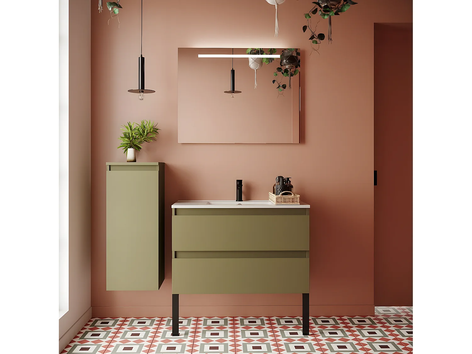 Meuble de salle de bain suspendu vasque intégrée 90cm 2 tiroirs Vert olive + miroir + colonne ouverture gauche - Hudson