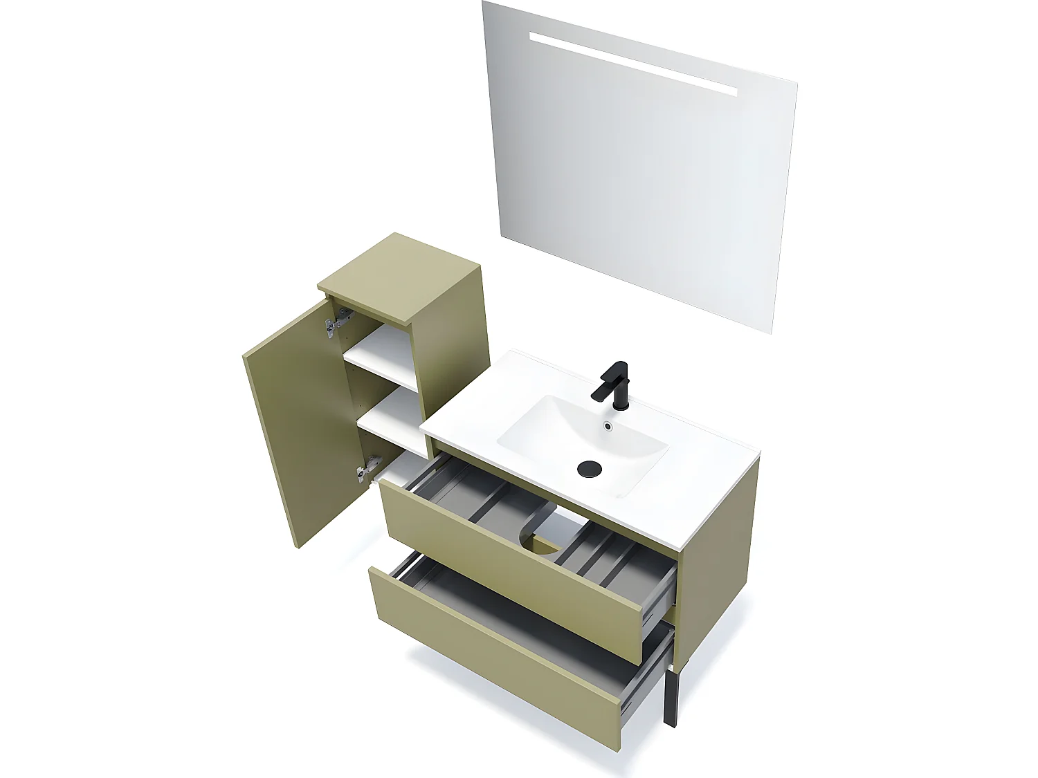 Meuble de salle de bain suspendu vasque intégrée 90cm 2 tiroirs Vert olive + miroir + colonne ouverture gauche - Hudson