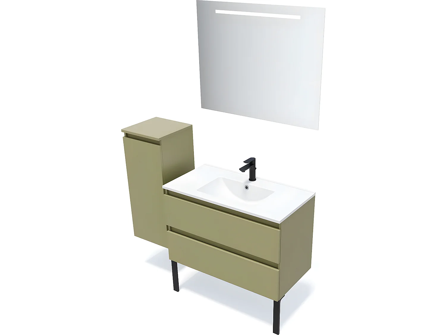 Meuble de salle de bain suspendu vasque intégrée 90cm 2 tiroirs Vert olive + miroir + colonne ouverture gauche - Hudson