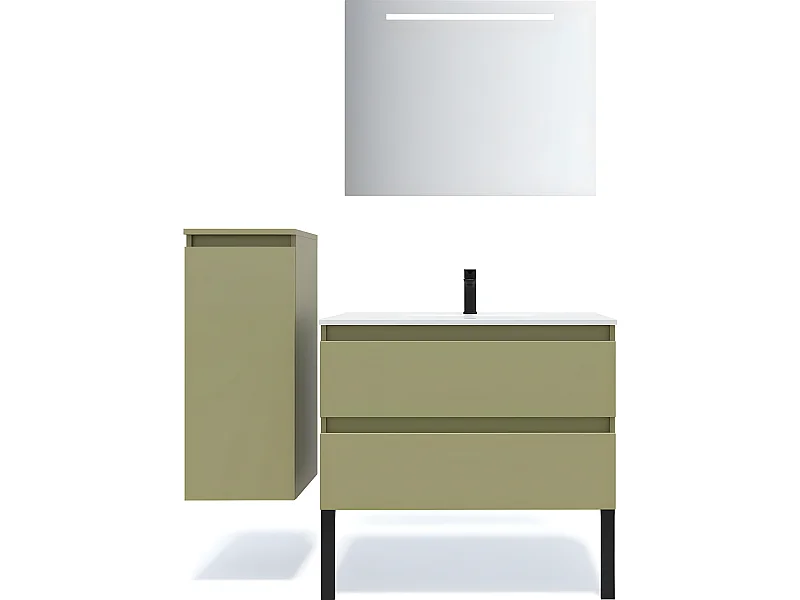 Meuble de salle de bain suspendu vasque intégrée 90cm 2 tiroirs Vert olive + miroir + colonne ouverture gauche - Hudson