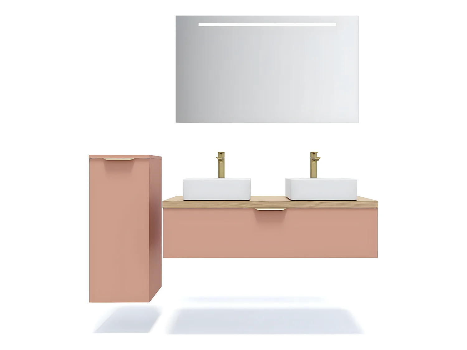 Meuble de salle de bain suspendu 2 vasques à poser 120cm 1 tiroir Abricot + miroir + colonne ouverture gauche - Venice