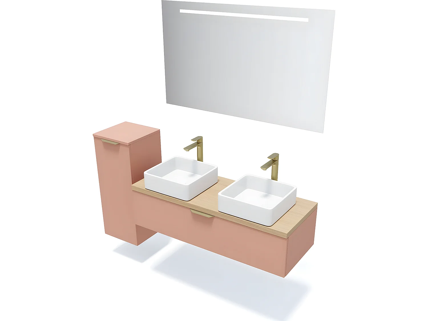 Meuble de salle de bain suspendu 2 vasques à poser 120cm 1 tiroir Abricot + miroir + colonne ouverture gauche - Venice