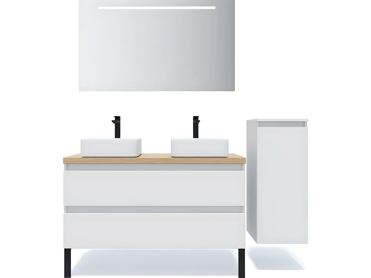 Meuble de salle de bain suspendu 2 vasques à poser 120cm 2 tiroirs Blanc + miroir + colonne ouverture droite - Hudson