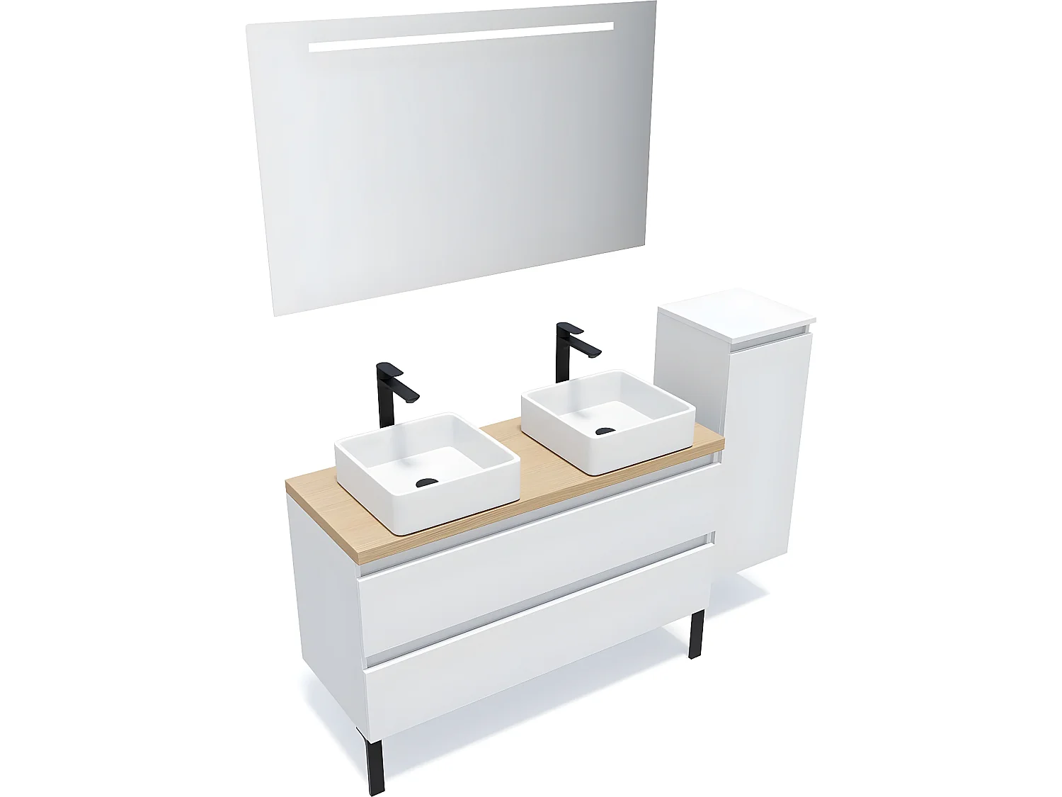Meuble de salle de bain suspendu 2 vasques à poser 120cm 2 tiroirs Blanc + miroir + colonne ouverture droite - Hudson