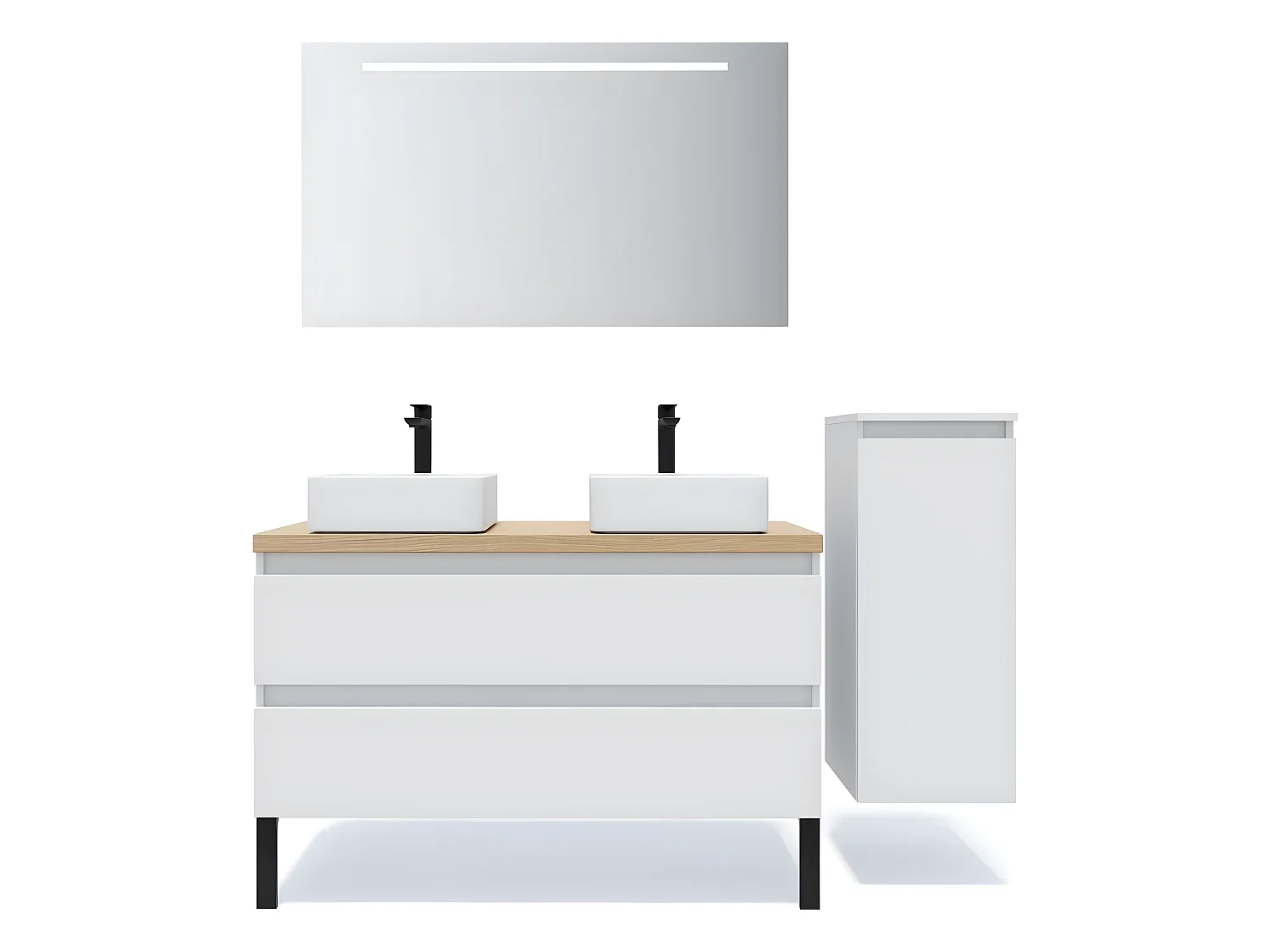 Meuble de salle de bain suspendu 2 vasques à poser 120cm 2 tiroirs Blanc + miroir + colonne ouverture droite - Hudson