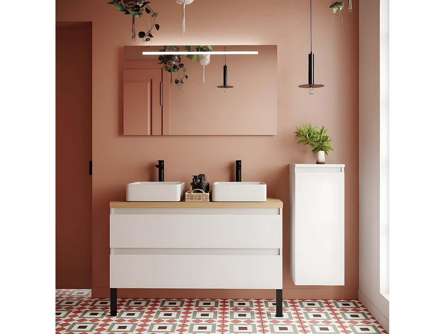 Meuble de salle de bain suspendu 2 vasques à poser 120cm 2 tiroirs Blanc + miroir + colonne ouverture droite - Hudson