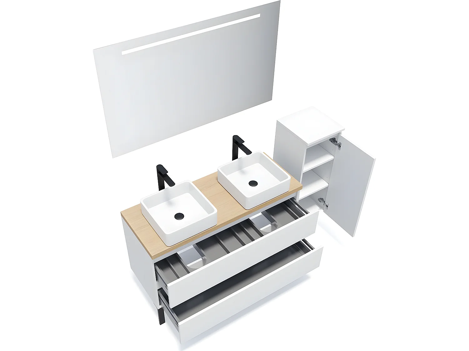 Meuble de salle de bain suspendu 2 vasques à poser 120cm 2 tiroirs Blanc + miroir + colonne ouverture droite - Hudson