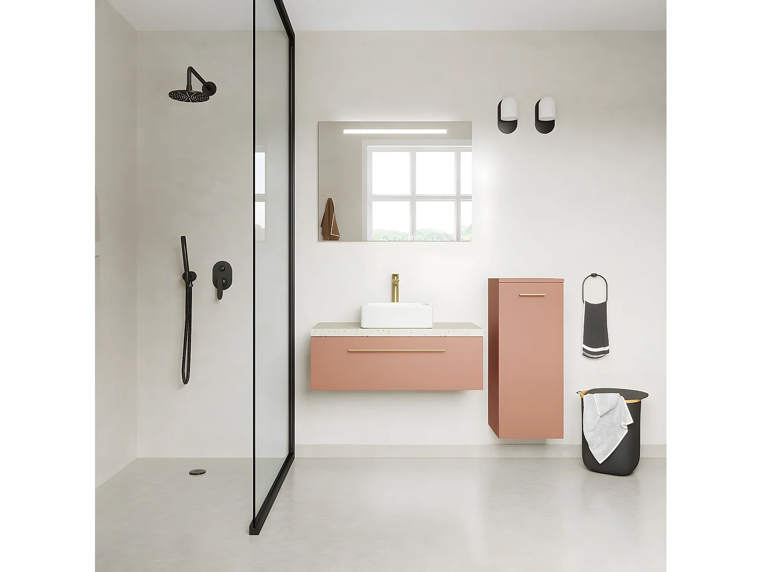 Meuble de salle de bain suspendu vasque à poser 90cm 1 tiroir Abricot + miroir + colonne ouverture droite - Glasgow