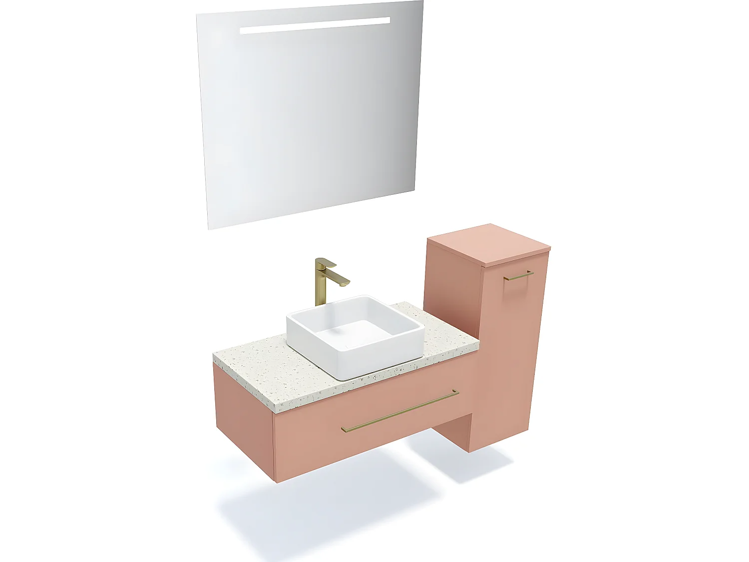 Meuble de salle de bain suspendu vasque à poser 90cm 1 tiroir Abricot + miroir + colonne ouverture droite - Glasgow