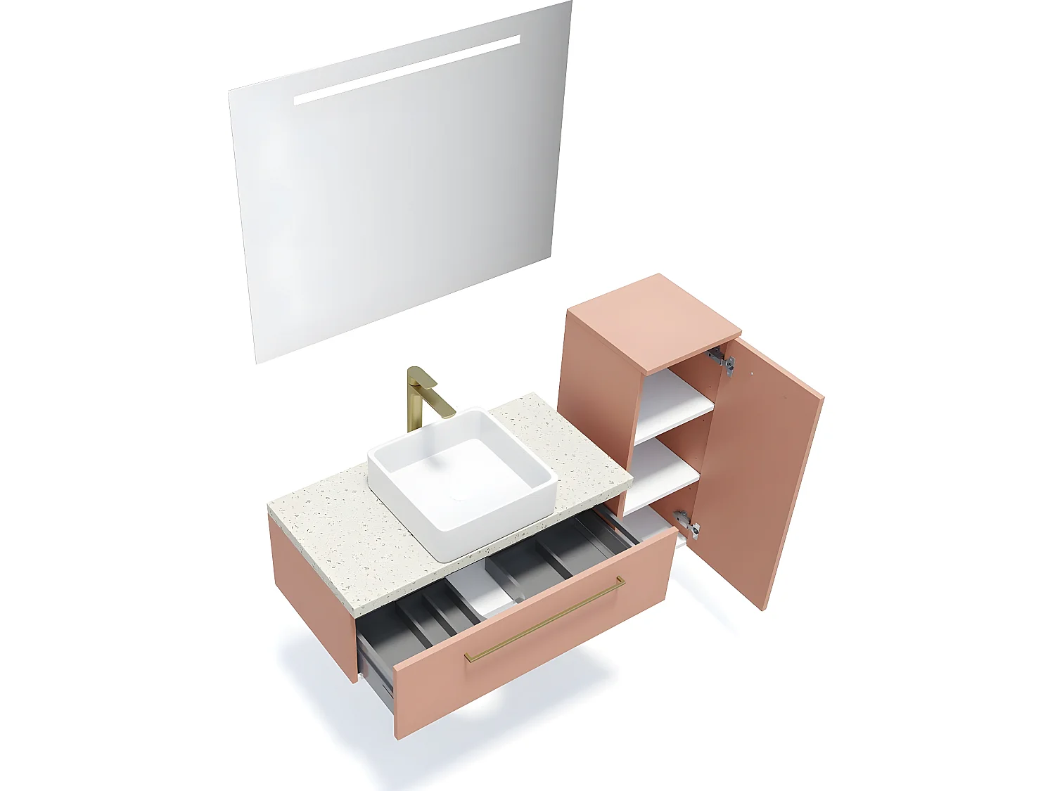 Meuble de salle de bain suspendu vasque à poser 90cm 1 tiroir Abricot + miroir + colonne ouverture droite - Glasgow