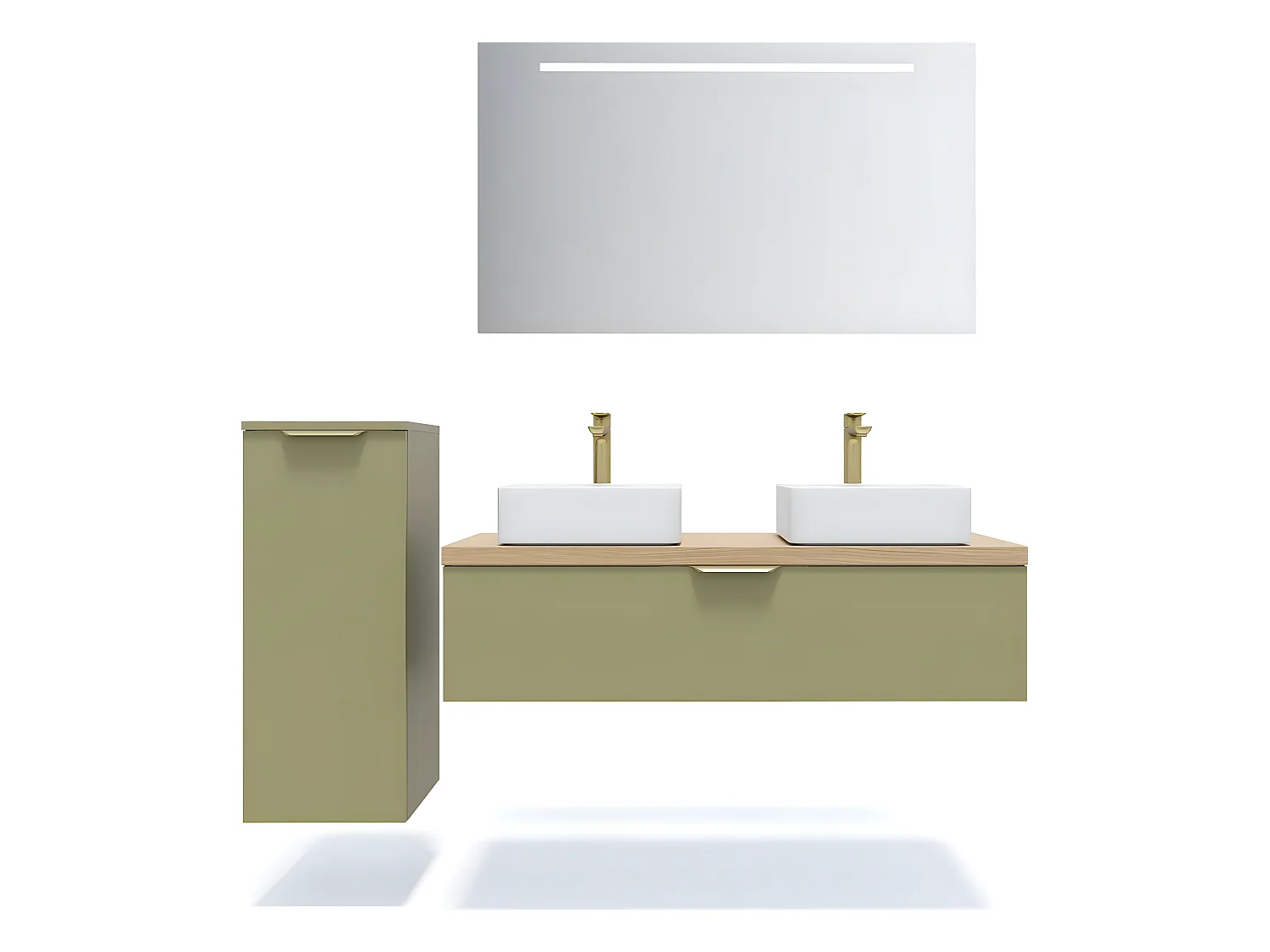 Meuble de salle de bain suspendu 2 vasques à poser 120cm 1 tiroir Vert olive + miroir + colonne ouverture gauche - Venice